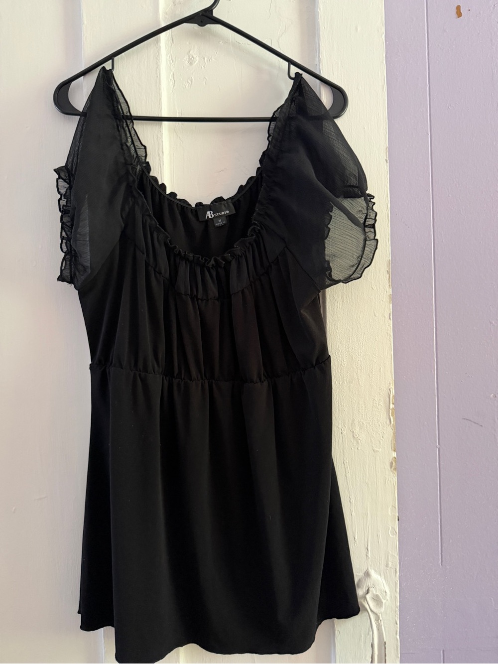 AB Studio Black Off Shoulder Ruffle-Trim Lined Blouse